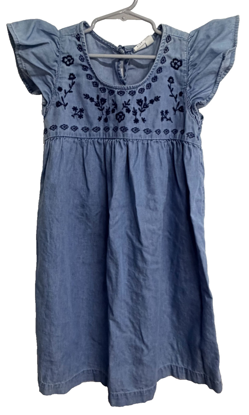 GAP Kids Chambray Embroidered Dress Girls Medium 8 Blue Flutter Sleeve Classic